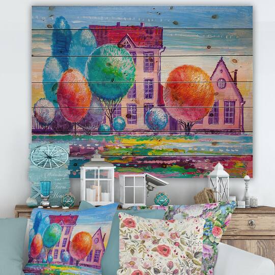 Designart - Daydream House In The VIllage - Traditional Print on Natural Pine Wood